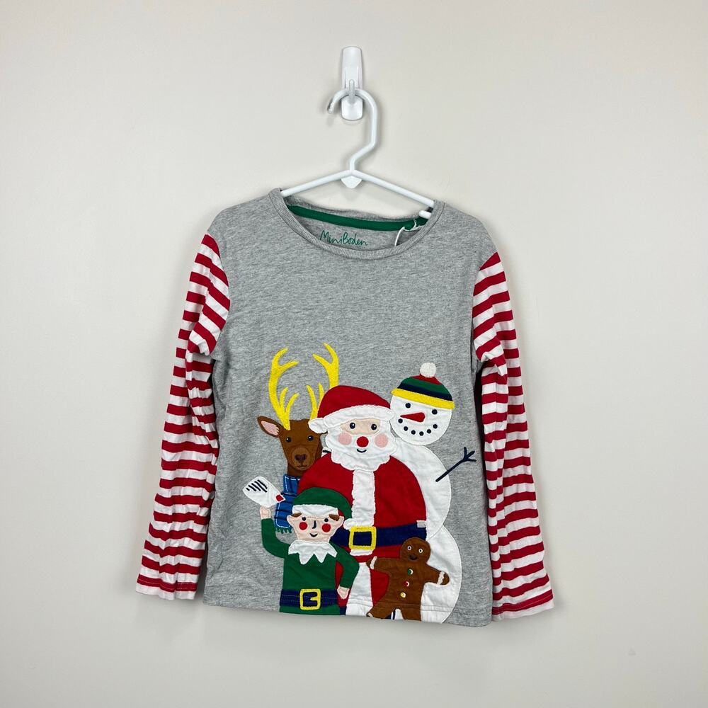 Mini Boden Festive Appliqué T-Shirt Grey Marl Santas Friends 6-7